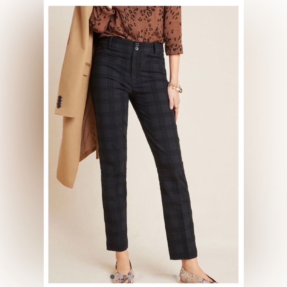 Anthropologie The Essential Slim Black Straight Plaid Trousers Pants Size 0P